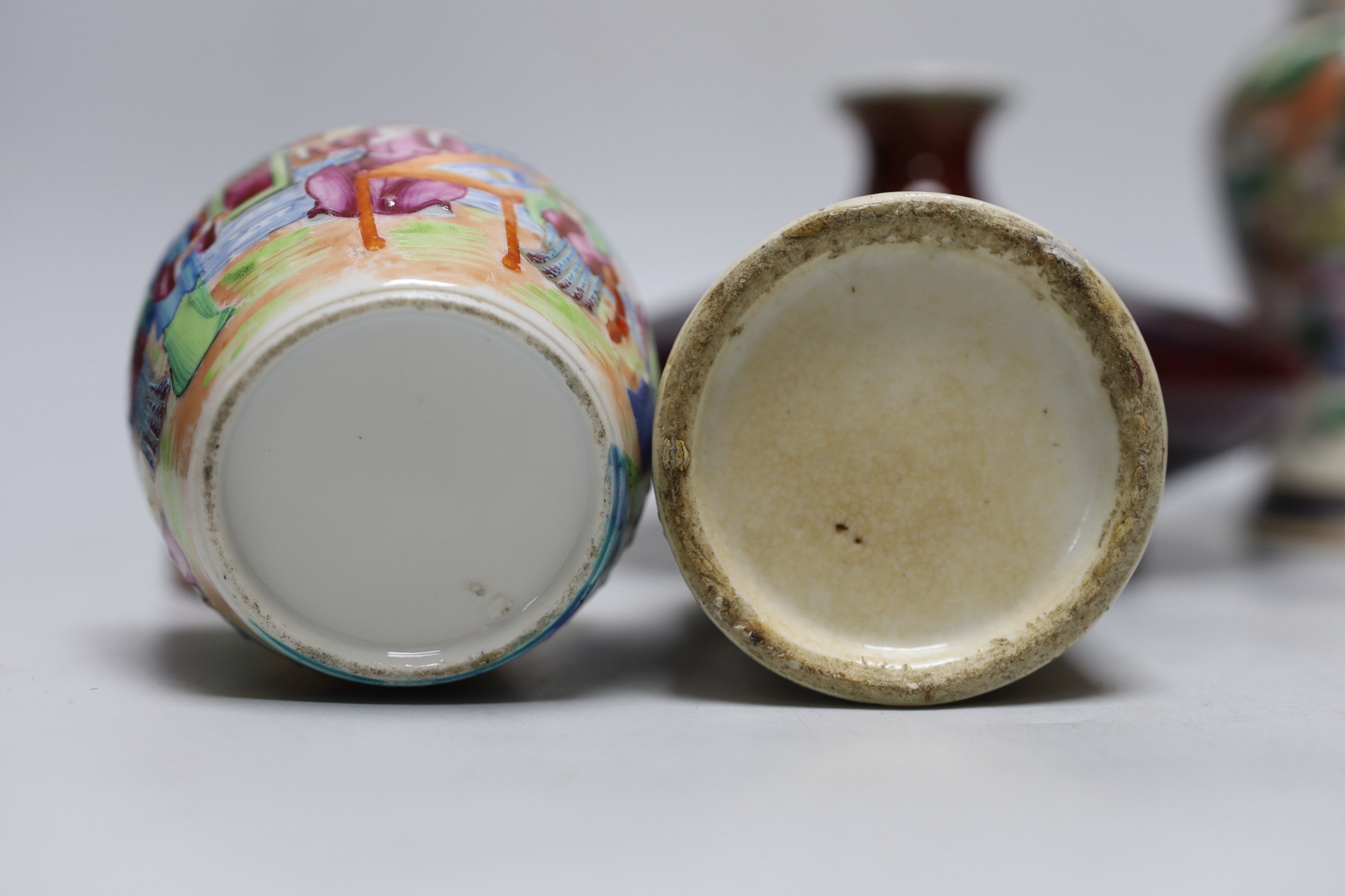 A Chinese sang de boeuf glazed squat vase, a crackle ware vase, a box and cover and a blue and white brush pot, tallest 18.5cm high